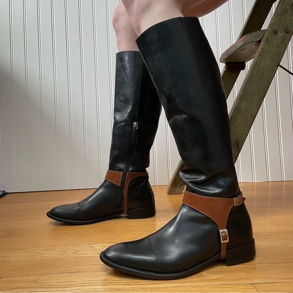 DSQUARED Tall Leather Riding Boots in Black w Tan Trim - Picture 1 of 16